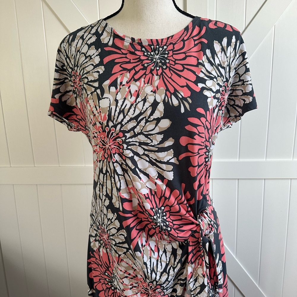 Robbie Bee Floral Side Tie Dress Coral White Gray Sheath Stretch PS Petite Small - Picture 2 of 7